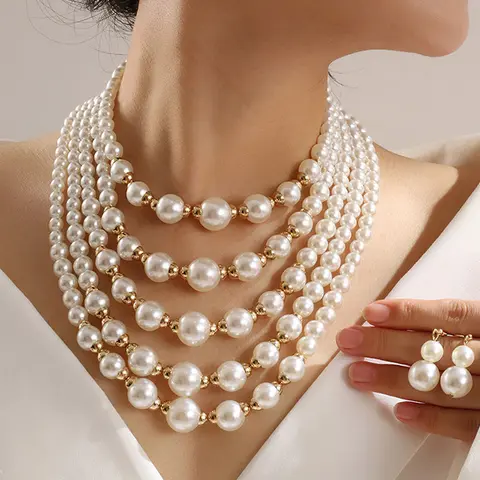 Elegant Women's Faux Pearl Matching Jewelry Set, Multi-Layer Necklace & Dangle Earrings, Vintage Style Party Accessories, Fashionable Ladies' Gift, Jewellery Gift Set