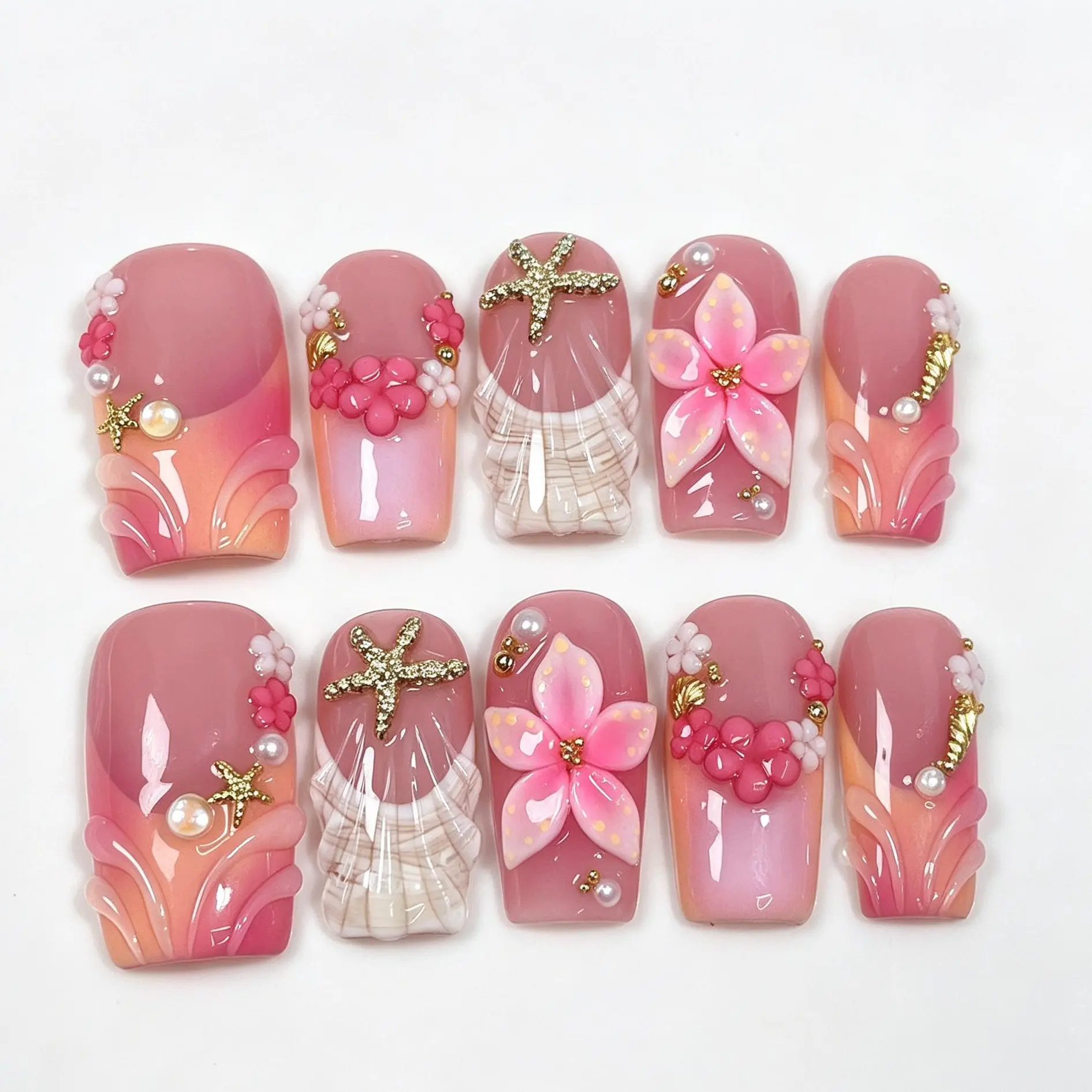 10square shape medium length summer vibe beach style pink ombre floral flower luxury acrylic handmade press on nails