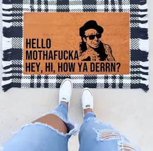 Iconic Viral Hip Hop Line Graphic Doormat, Hello Mothafucka How Ya Derrn Funny Outdoor Doormat, Thick Durable Weather Resistant Entry Doormat, Unique Funny Gag Gift For Friends, Apartment Farmhouse Front Entrance Decor Doormat