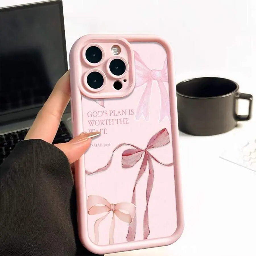 Essential Basic Series Soft Silicone Smartphone Case, Pink Bows & Bible Verse Pattern, Protective Phone Accessory for 15-16 Model Phones