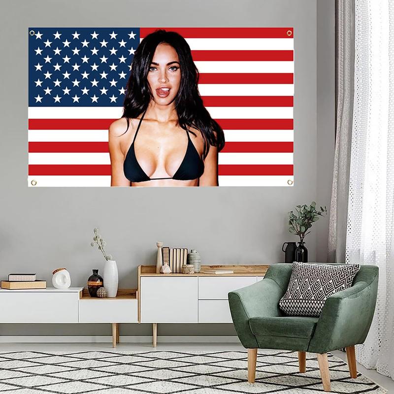 Megan Fox American Flag Tapestry 3*5 Ft for Wall Hanging College Dorm Room Decor, Featuring 4 Brass Grommets, Ideal for Parties