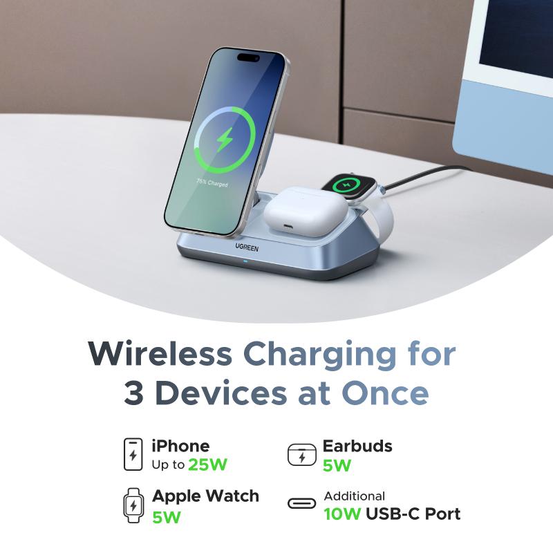 UGREEN 25W Qi2 Certified 3-in-1 Magflow Wireless Charging Stand, Magsafe Fast Wireless Charger for iPhone 17/16/15/14/13/12, AirPods and Apple Watch, Desk Stand with Adjustable Angle,（No battery）TikTokShopBlackFriday ,TikTokShopJumpstartSale