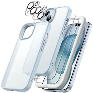 JETech 5 in 1 Matte Case for iPhone 15 Series with 2-Pack Each Tempered Glass Screen Protector and Camera Lens Protector, Translucent Back Shockproof Phone Cover