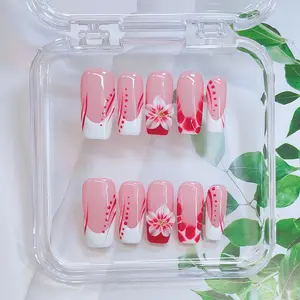 3D Floral Nails & Bling Fake Nails, Handmade 3D Floral & Hand Drawn Flower Design And Sparkling Golden Hallelujah And Bow Decor Pipe-Shaped Nails, 10pcs/set Glossy Handmade Press On Nails, For Women & Girls DlY Nail Art, Square Nails. Nail Supplies