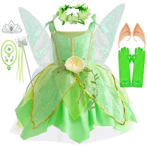 2025 new girls Tinker Bell Halloween costume for kids green Tinkerbell fancy dress fairy princess cosplay birthday PA AA