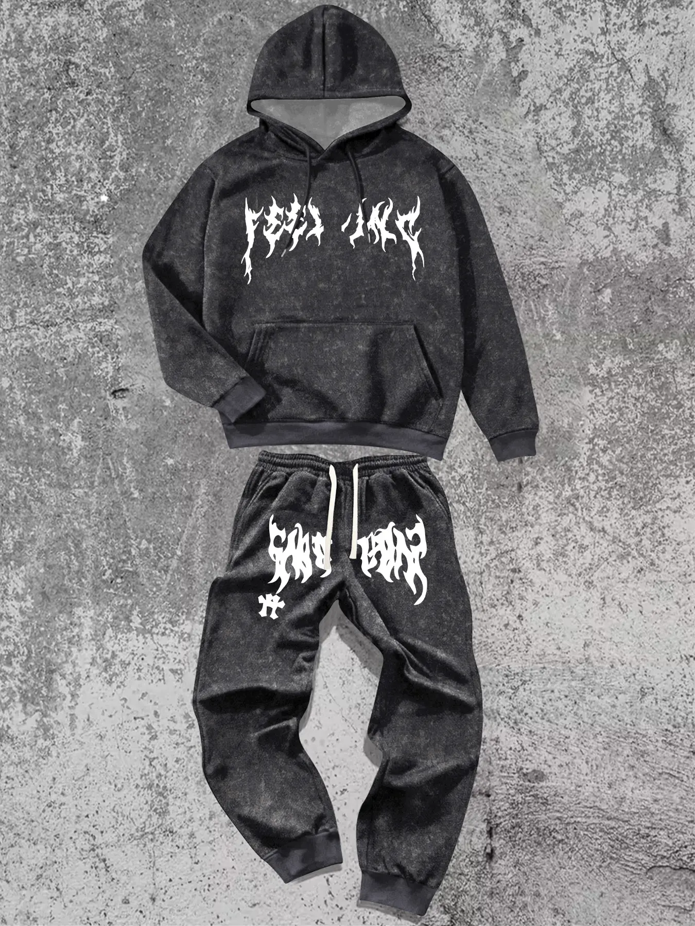 Men's 2-Piece Oversize Comfy Sweatsuit Set - Long Sleeve Graphic Hoodie, Baggy Sweatpants with Lightning Cross Print, Patch Pockets, Slight Stretch Polyester, Athleisure Streetwear Clothing, Size M