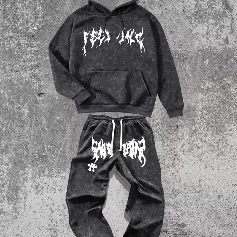 Men's 2-Piece Oversize Comfy Sweatsuit Set - Long Sleeve Graphic Hoodie, Baggy Sweatpants with Lightning Cross Print, Patch Pockets, Slight Stretch Polyester, Athleisure Streetwear Clothing, Size M