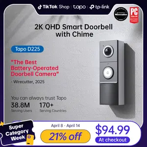 TP-Link & Tapo D225 Smart Video Doorbell Camera with Chime | 2K QHD, 180° Head-to-Toe View, Battery or Hardwired, Color Night Vision, FREE Person/Package/Vehicle AI Detection, Ring-Call, 24/7 Local Storage(No Monthly Fee) Home Security System