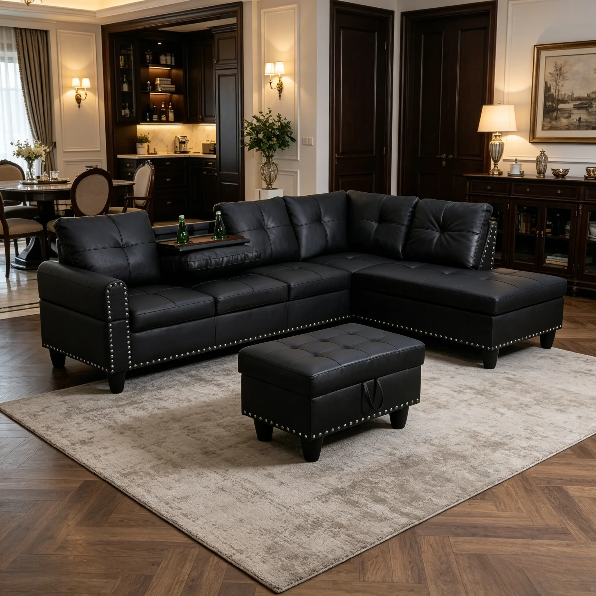 Classic 3-Piece Black Faux Leather Couch Matched Set - Scratch-Proof Synthetic Leather, Neat Fine Stitching, Anti-Fade, Low-Upkeep, Durable Indoor Sofa Furniture, Assembly Required for Daily Long-Term Use
