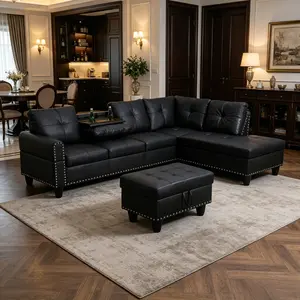 3-Piece Black Faux Leather Couch Set, scratch-proof synthetic leather with neat fine stitching, anti-fade and low upkeep for long daily use.