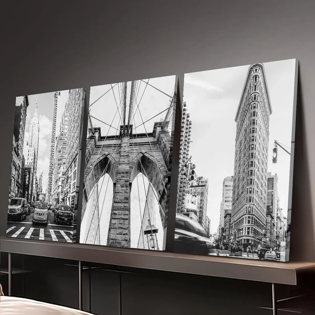 3-Piece Waterproof Glossy Wooden Framed Canvas Print Artwork - Brooklyn Bridge, Eiffel Tower, New York Cityscape Architecture, Black and White Photography Poster - Hanging Home Wall Decoration for Kitchen