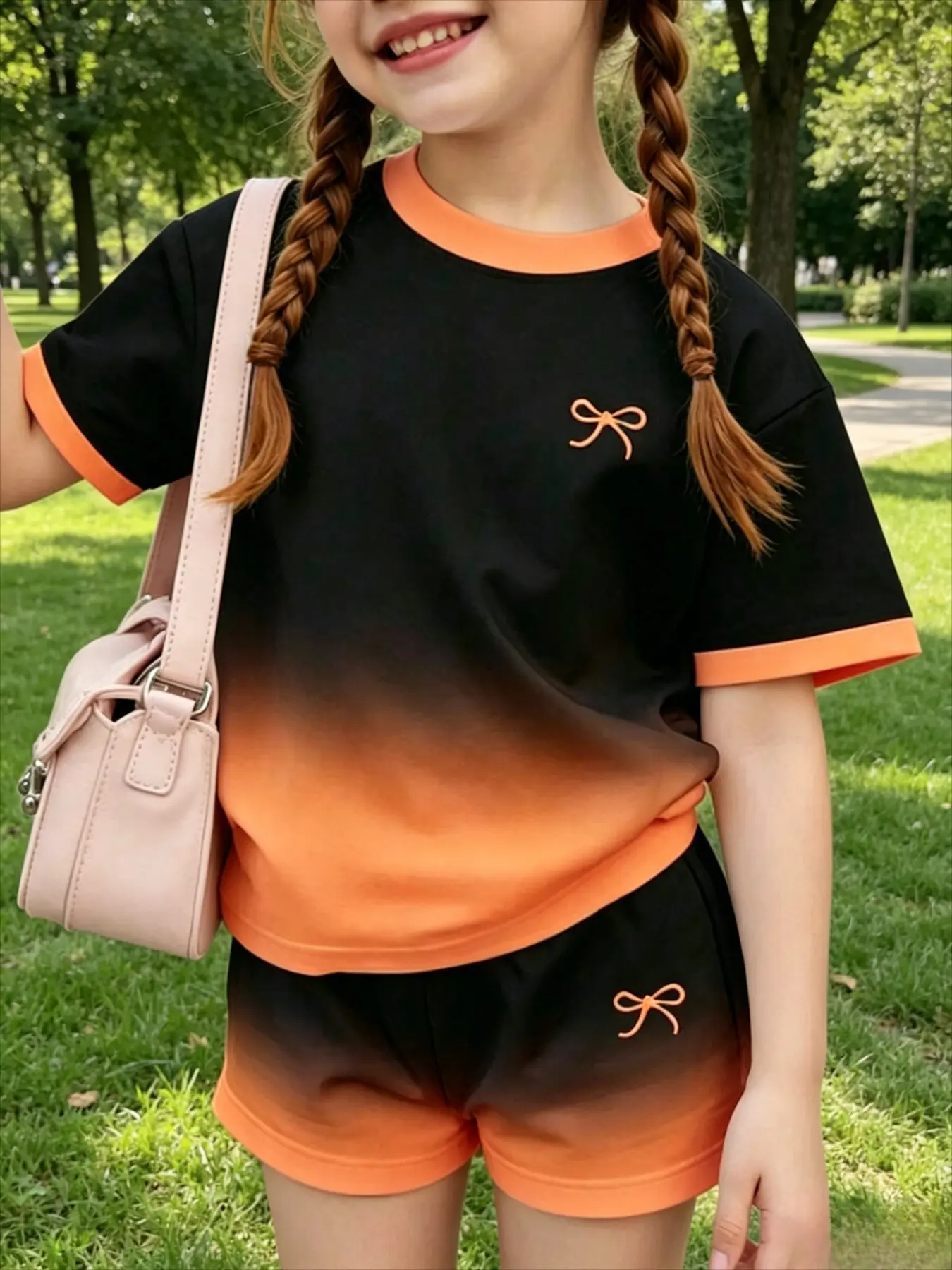 Girls' Bowknot T-Shirt and Shorts Set, Casual Short Sleeve Top and Bell Bottoms, Fashionable and Versatile, Kids', Summer Clothing Set, Print Set, Summer Clothes Set, Fashion Style Sets, Summer Outfits Set, Casual Tees Set