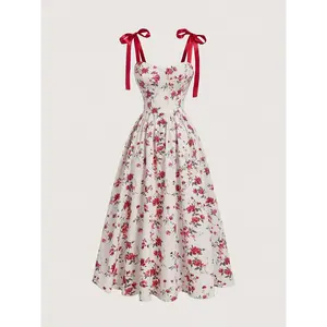 Women's Elegant Off-Shoulder Floral Print Dress with Red Bow Straps - Fitted Machine-Washable 3-Season Spring Summer Fall Dress for Casual & Formal Occasions, Floral Dress Fabric Polyester Womenswear Chic Pale Pinkish Gray Sleeveless