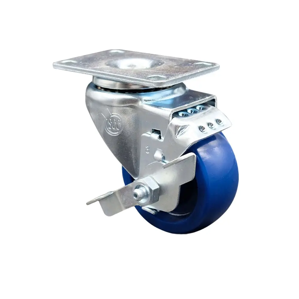 Service Caster SCC-20S3514-SPUS-TLB Top Mount Swivel Service Caster Series #20, Zinc-Plated Finish, 3.5x1.25 in Blue Solid Polyurethane Wheel, Top Locking Brake, Bolt Hole, 300 lbs Load Capacity, Smooth Roll for Carts, Equipment, Material Handling