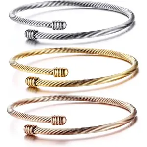 HUANIAN Stainless Steel Triple 3 Stackable Cable Wire Twisted Cuff Bangle Bracelet for Women, Gold/rose/silver