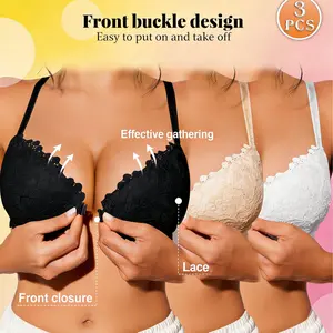 Ecomilky 3PCS Lace Front-Clasp Thin Cup Underwear Set for Women Elegant Everyday Style Versatile Design Comfort Aesthetics Push-Up Bra Womenswear Lingerie Minimalist Basic Black+White+Beige