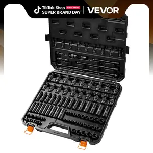 【Summervibes】VEVOR Drive Impact Socket Set,  SAE 1/4"-3/4" and Metric 6-19mm, 6 Point Cr-Mo Alloy Steel for Auto Repair, Includes Extension Bars Universal Joint Adapter Lock Storage Case Tool Box