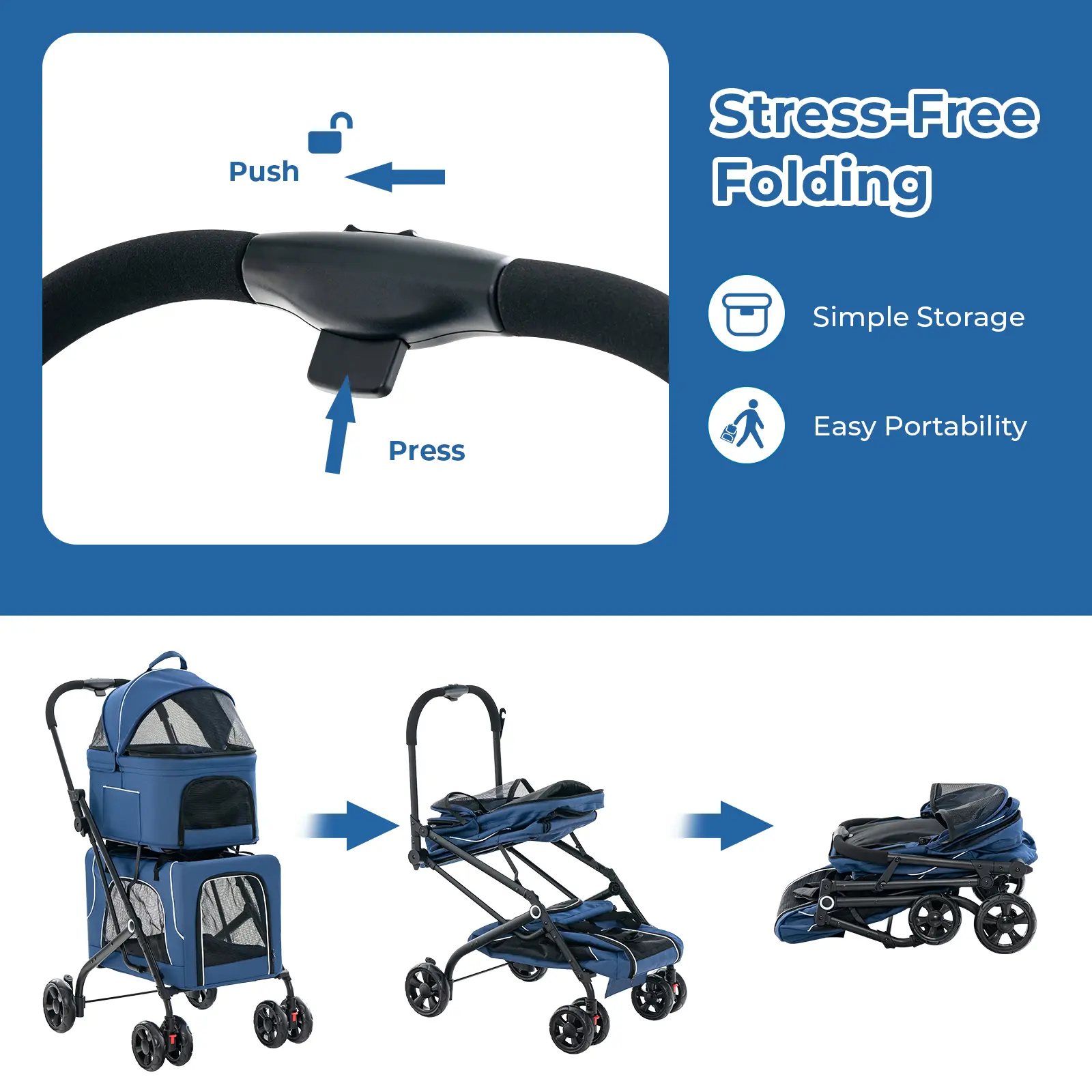COSTWAY - Double Pet Stroller Foldable 3-in-1 Dog Stroller with 2 Detachable Carriers-Blue COSTWAY - Double Pet Stroller Foldable 3-in-1 Dog Stroller with 2 Detachable Carriers-Blue