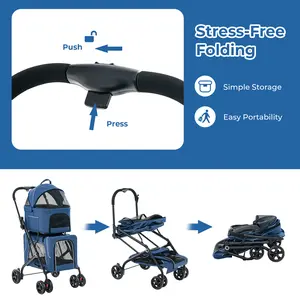 COSTWAY - Double Pet Stroller Foldable 3-in-1 Dog Stroller with 2 Detachable Carriers-Blue