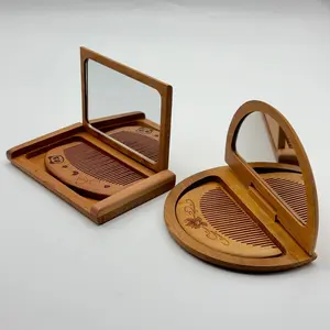 Vintage Peach Wood Folding Mirror with Comb Suit-Portable, Carved Design, Suitable for Travel and Home DecorationFashion