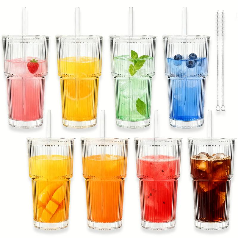 Ribbed Glass Cups with Lids and Straws | 6/8Pack 20oz Thickened Tumbler Set | Coffee, Smoothies, Cocktails & Juices