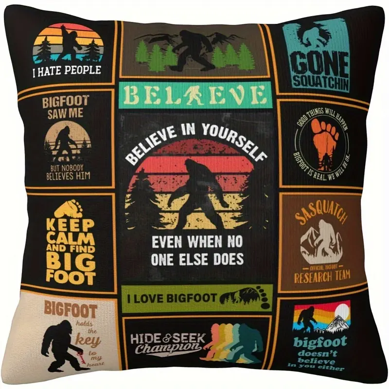 Double sided 2D Bigfoot Lover Pillowcase, mysterious creature themed design, with "I Believe" text and Bigfoot pattern, traditional style home decoration, suitable for living rooms and bedrooms 18x18 inches