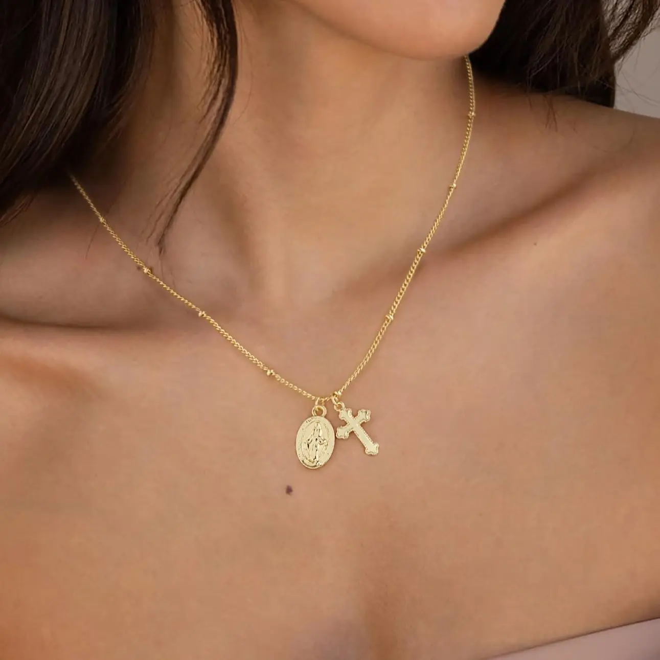 Rotnso 14K Gold Plated Satellite Chain Oval Medal & Cross Necklace Adjustable 16.5+2" Dainty Religious Gift for Women Men Girls Boys Minimalist Design with Sturdy Lobster Clasp