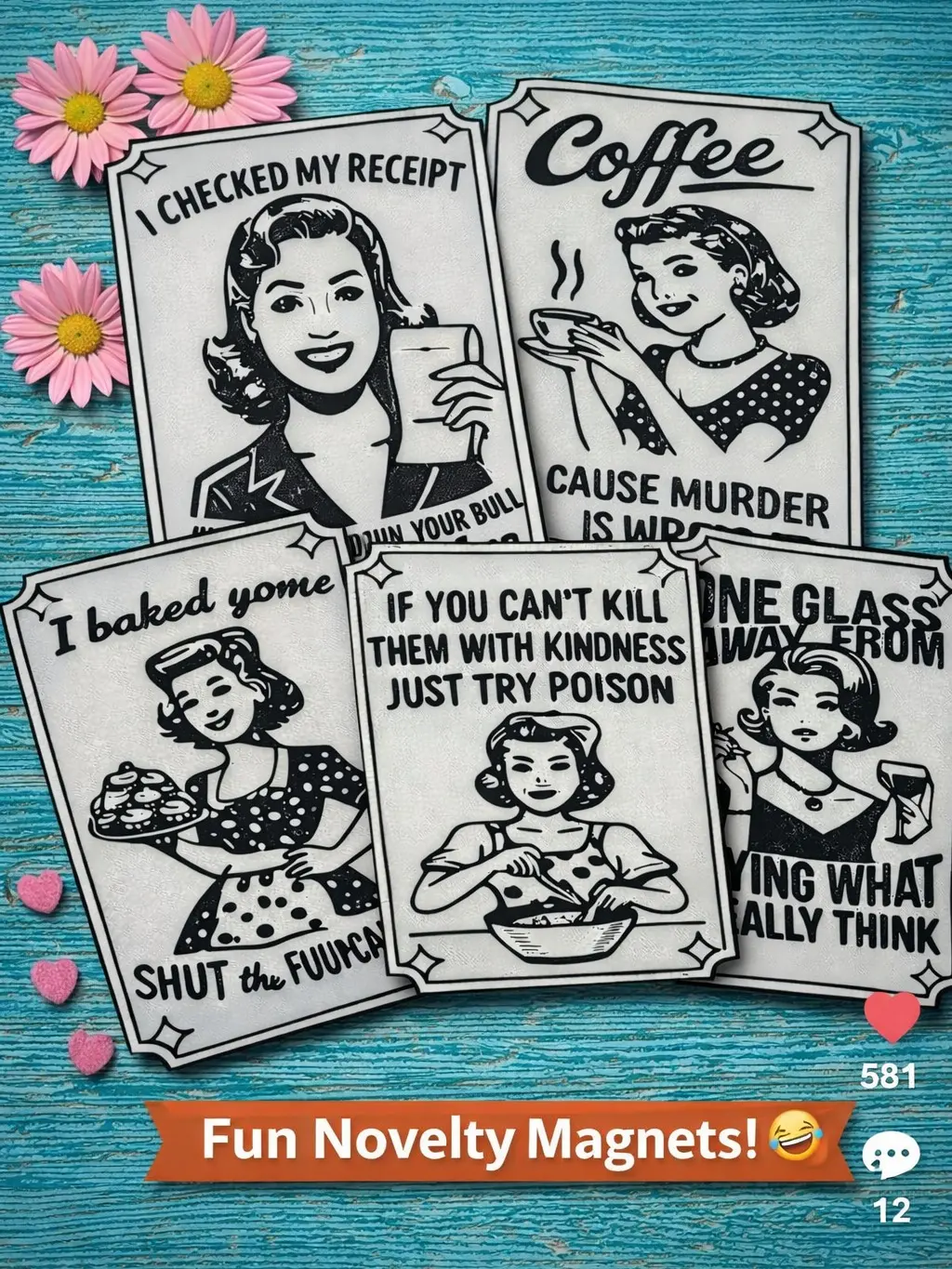 Funny Retro Fridge Magnets  Vintage Style Kitchen Magnets | Sarcastic Humor Decor | 3D Printed Novelty Gift Set