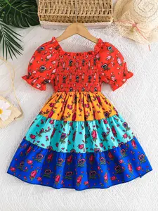 Girls Summer Bubble Sleeve Floral Print Colorblock Dress, Casual Vacation Dress, Cute Toddler Fashion, Perfect for Playdates
