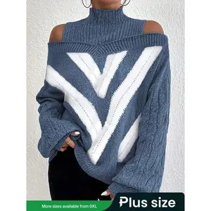 Plus Size off Shoulder High Neck Knit Sweater, Casual Loose-Fitting Pullover, Fall & Winter Fashion, Women's Clothing