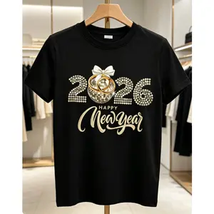 Women's 2026 New Year Golden Graphic Tee, Rhinestone-Like Detail, Black & Gold Cotton Crew Neck Short Sleeve, NYE Party Outfit