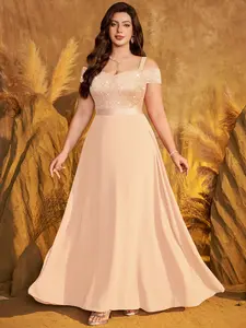 MISSMAY P85174A Plus Sequin Floral Lace Cold Shoulder Contrast Chiffon Chic Formal Party Long Dress, Prom Evening Wedding Guest Dress, Graduation Dress, For Homecoming