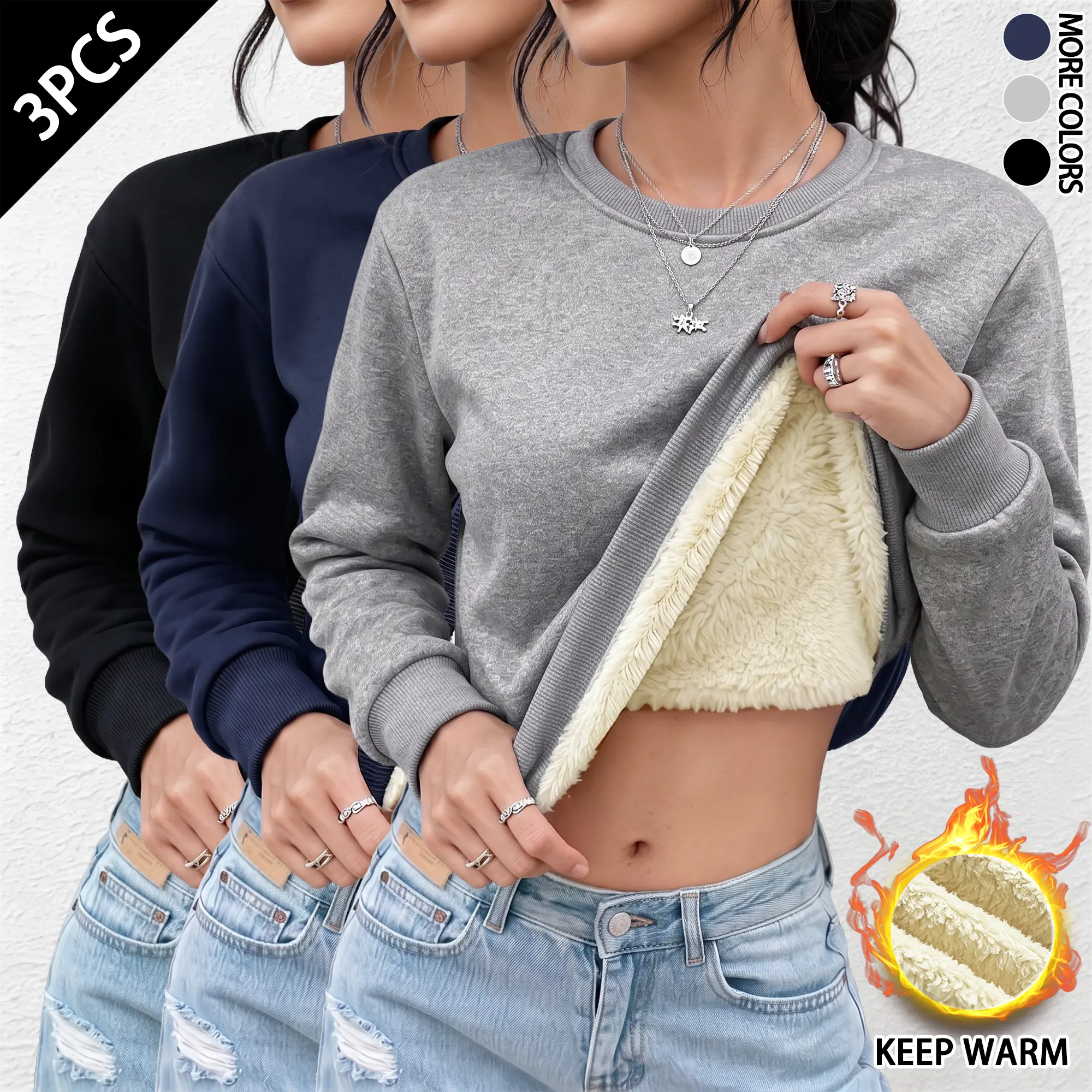 Women's Fleece-Lined Crewneck Sweatshirt - Lady's Thick Warm Long-Sleeve Loose Soft Pullover, Casual Wear for Winter Everyday & Workout Sports Tops,outdoorfun