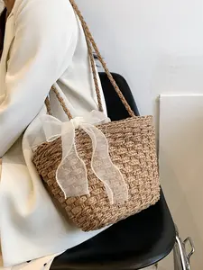 Fashion Women's Basket Bag Woven Straw Shoulder Crossbody Bag, Stylish Handbag for Daily Use, Perfect for Casual