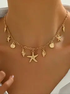 Boho Style Starfish & Shell Design Pendant Necklace, Dainty Boho Necklace, Trendy Charms Necklace, Fashion Jewelry for Party, Daily Clothing Decor, Trendy All-match & Exquisite Jewelry for Birthday Gift