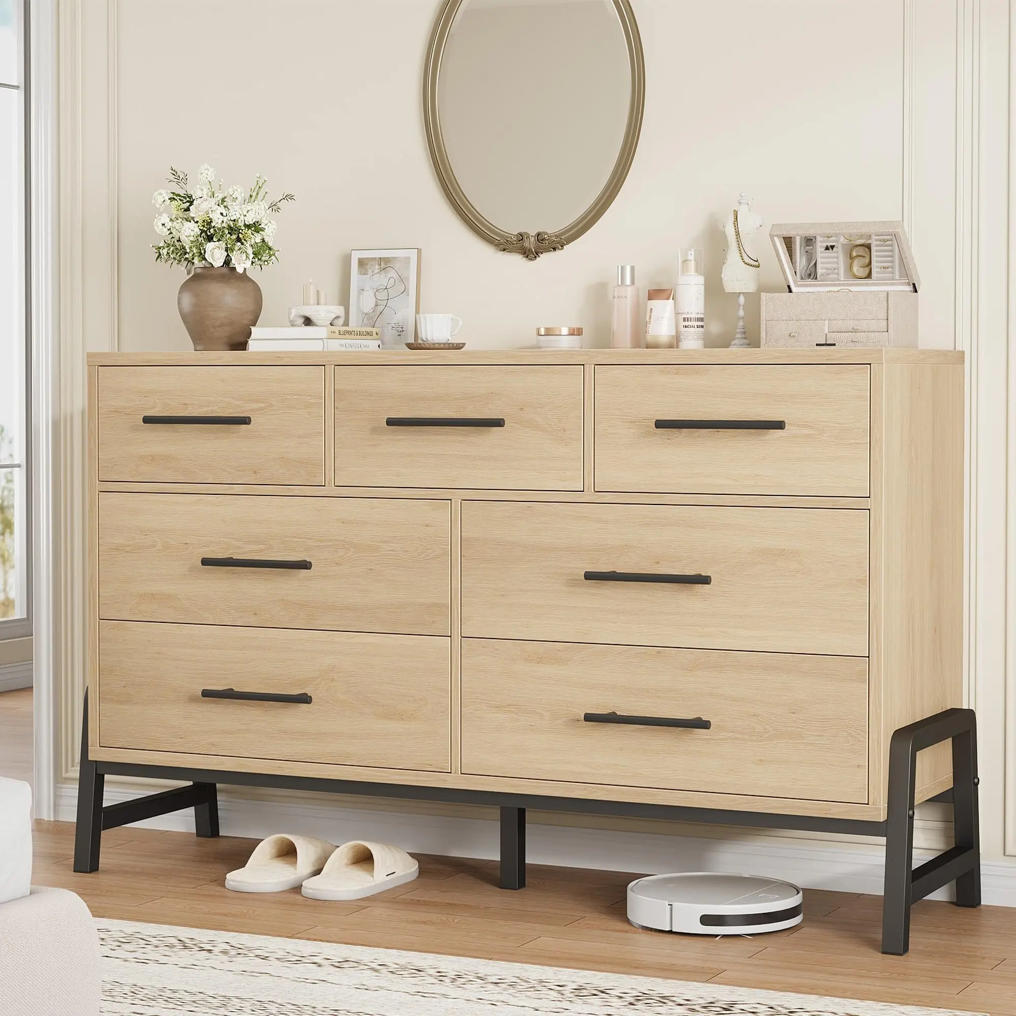 Sturdy 7-Drawer Yellow MDF Wood Dresser - 52" W Freestanding Waterproof Storage Chest, Stable Indoor Bedroom Furniture Organizer with Legs, Anti-Tip Safe Device, Assembly Required