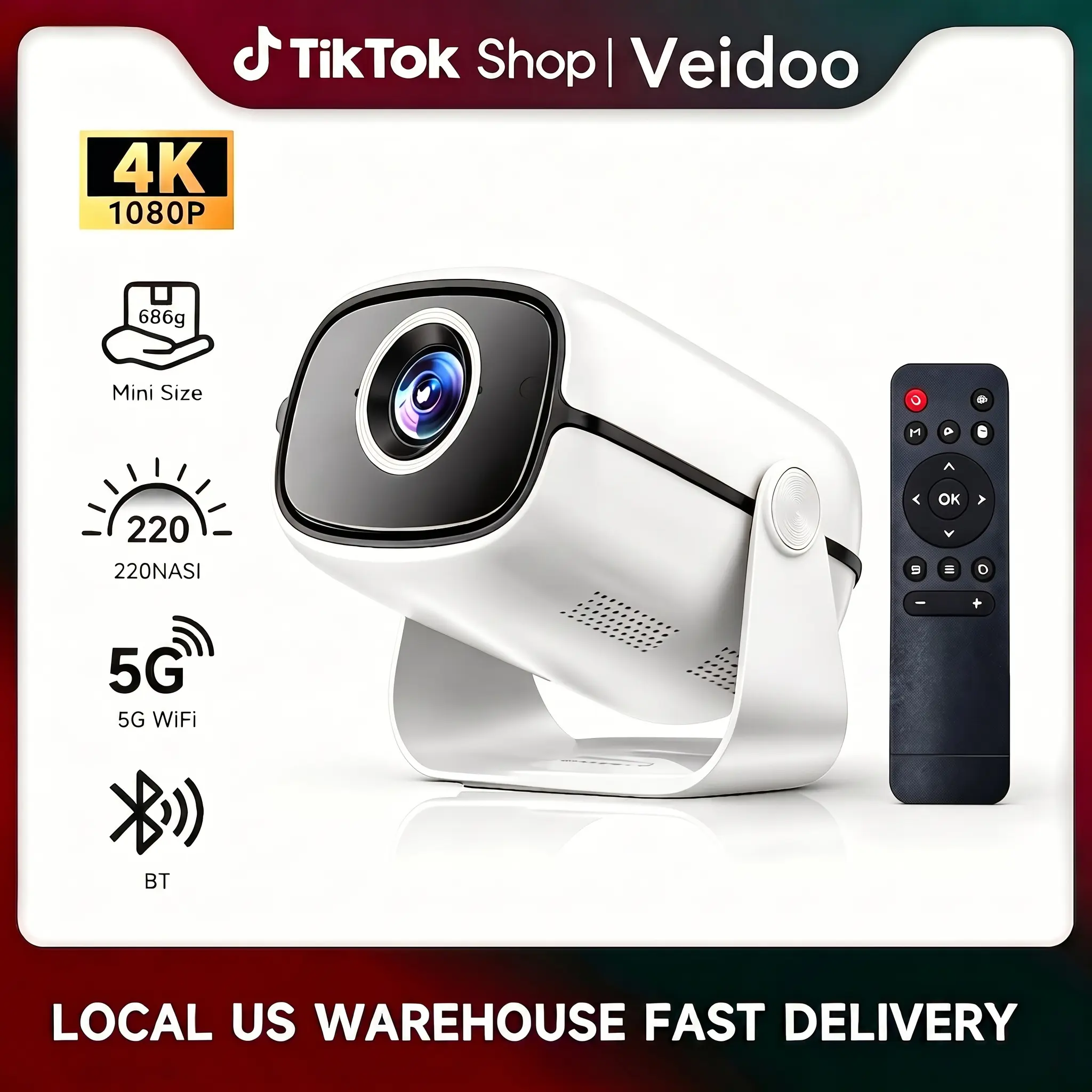 Veidoo Portable Projector,220 ANSI Lumens,Auto Vertical Correction,Smart Android OS,WiFi,Bluetooth,4K-1080P Support,Built-in Apps,180° Rotation,Mini Projector for Bedroom,Outdoor Movie Use