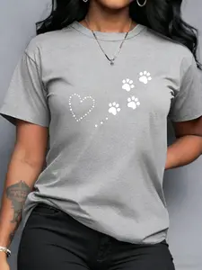 Women's Crew Neck Short Sleeve Tee Heart Paw Print Dog Cat Pet Minimalist Trendy Y2K Streetwear Cute Casual Graphic Print Multiple Colors Available Oversized Flattering Fit Soft Breathable Milk Silk Blend Washable No Shrink All-Season Tee