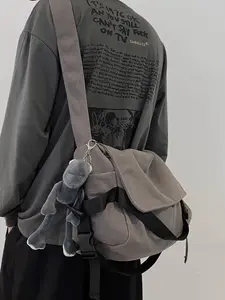 Men's Plain Canvas Crossbody Bag, Solid Color Trendy Versatile Crossbody Bag with Cartoon Charm, Casual Messenger Bag, Large Capacity Daily Commuting Shoulder Bag for Work & School