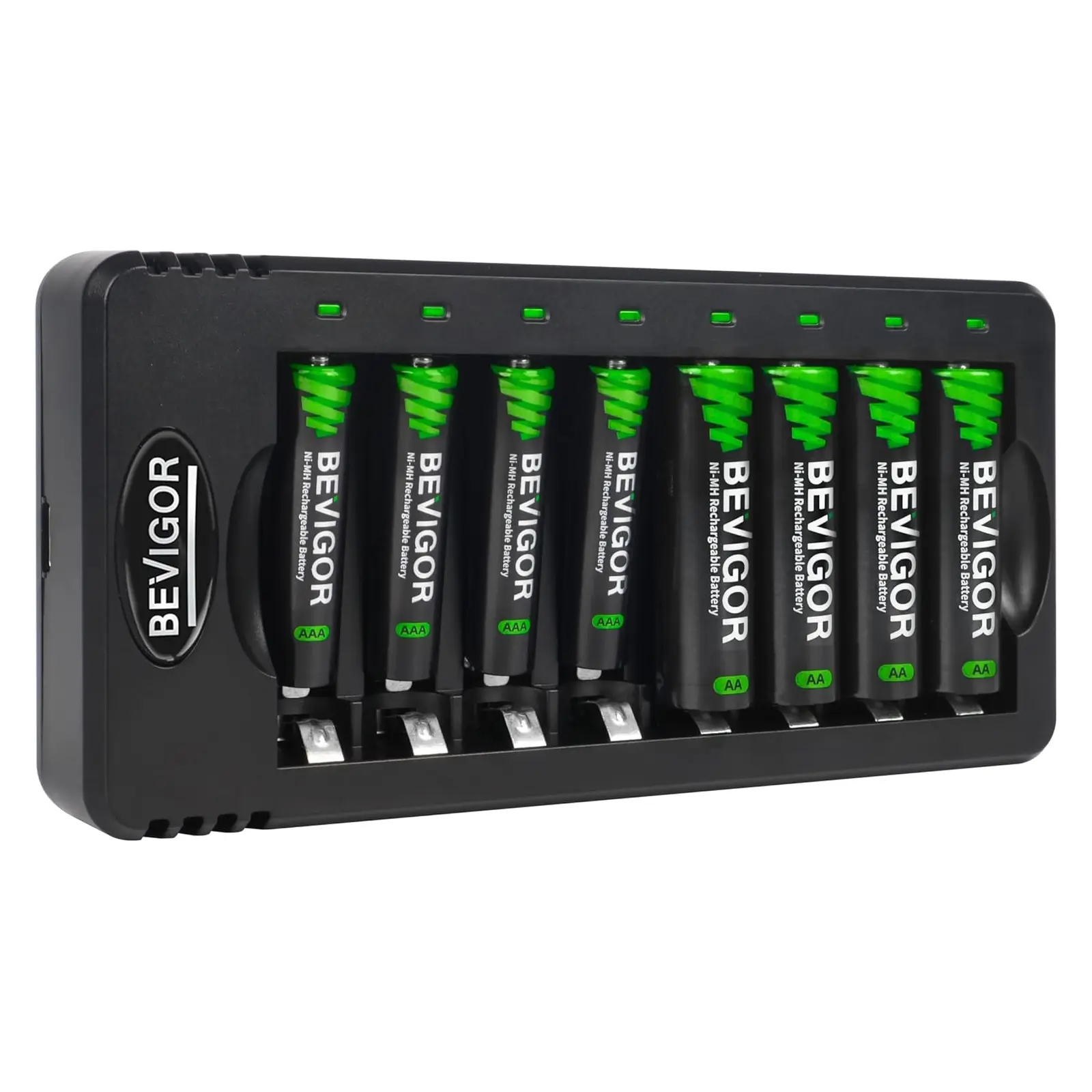 BEVIGOR 8-Slot Smart Rechargeable Battery Bundle Complete Kit - 1.2V NiMH Batteries (4 AA 2800mAh, 4 AAA 1100mAh Low Self-Discharge), Red/Green LED Cues, Camping Essential for Camera Accessories, Cable, Long Lasting Battery
