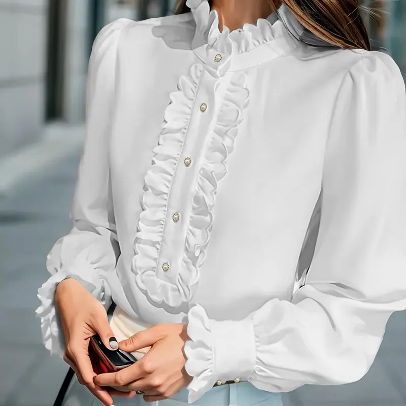 Women's Plain Frill Trim Ruffle Fitted Button Up Blouse, Business Work Blouses, Shirts, Elegant Formal Chic Long Sleeve Bishop Sleeve Button Front Top for Work Office Business, National Day Clothing, Ladies Clothes for All Seasons, Womenswear