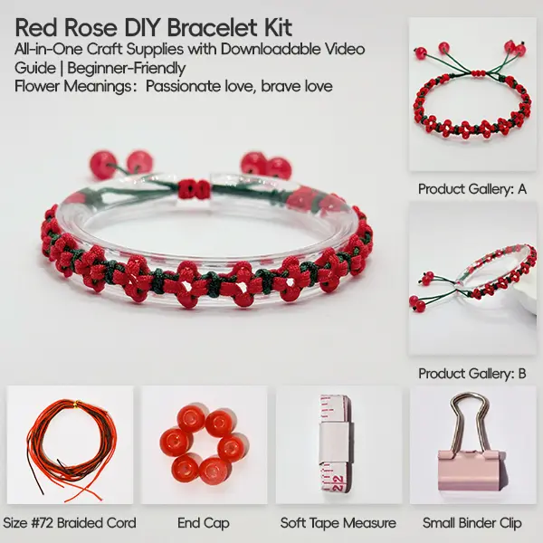 Red Rose DIY Bracelet Kit | All-in-One Craft Supplies with Downloadable Video Guide | Beginner-Friendly