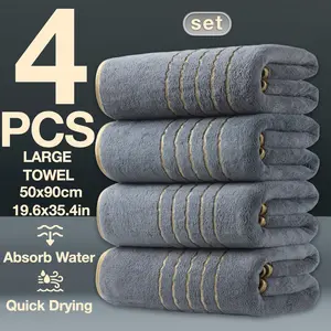 4-Piece Gold Thread Decorative Large Towels 50x90cm, Modern Simple Bathroom Set, Quick-Dry Absorbent Microfiber, Suitable for Home Camping Hotel School Community Factory
