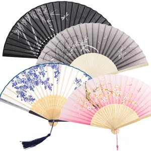 4 count Handheld Folding Fan Small Chinese Silk with Tassel Floral Manual Fan Handheld Bulk for Women and Men  Festival Dance Party Decoration