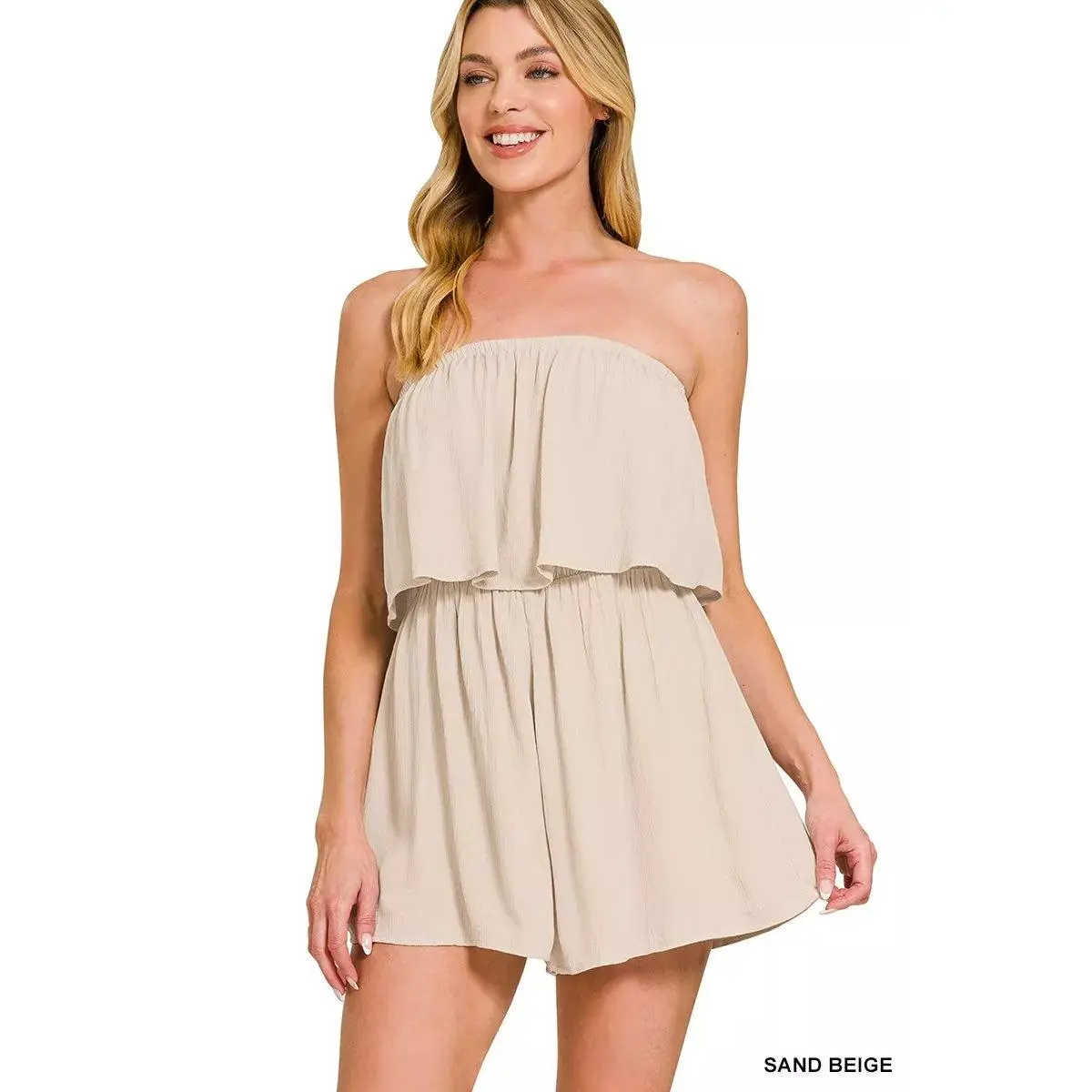 Crinkle Strapless Romper | Sand Beige | Boho Summer | S-L Beach Womenswear