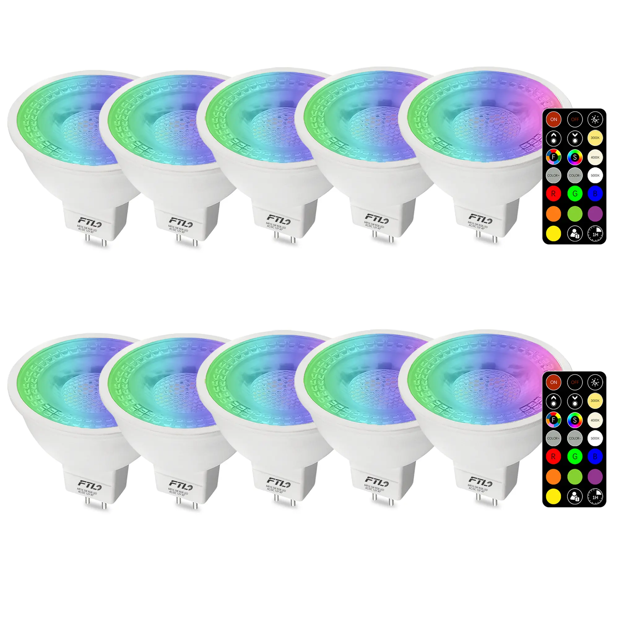 FTL MR16 LED Color Changing Light Bulb with Remote Control 12V RGB Dimmable 5W=40W 2700K-6000K Timer GU5.3 Landscape Light Bulbs for Track Recessed Lighting 10-Pack