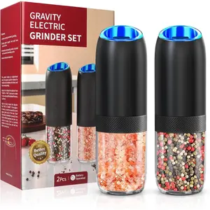 Gravity Electric Salt and Pepper ,  Salt and Pepper  Set,-Hand Ceramic Larger Chamber Automatic  Mill,Adjustable Coarseness with LED Light for Kitchen   Gifts