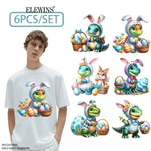 Set of 6  Adorable Dinosaurs Dressed As Bunnies for Iron-On Transfers (DTF) - Perfect for T-Shirts, Hoodies, Jeans, Backpacks, And Pillows - Can Be Machine Washed, Made from Washable Plastic Heat Transfer Materials for Both Men And Women.