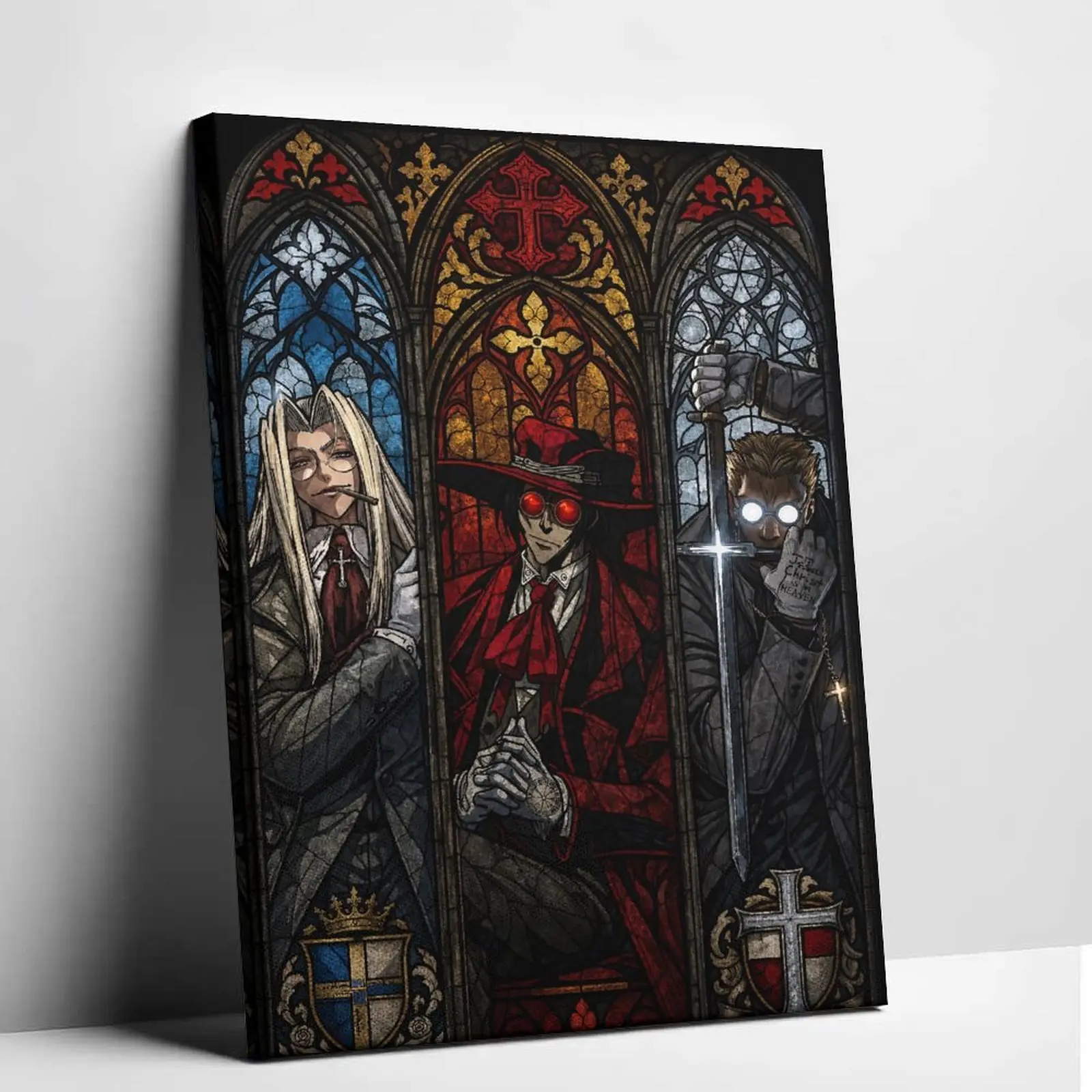 Hellsing Alucard Anderson 1-Piece Stained Glass Vampire Trio Canvas Wall Art, Vintage Manga Gothic Church Poster Print, Dark Aesthetic Home Room Decoration for Living Room Bedroom Studio