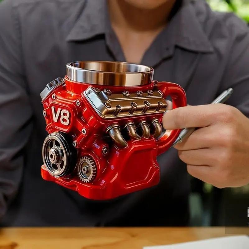 Engine-Themed Coffee Mug, Retro-Styled Realistic V8 Engine Stainless ...